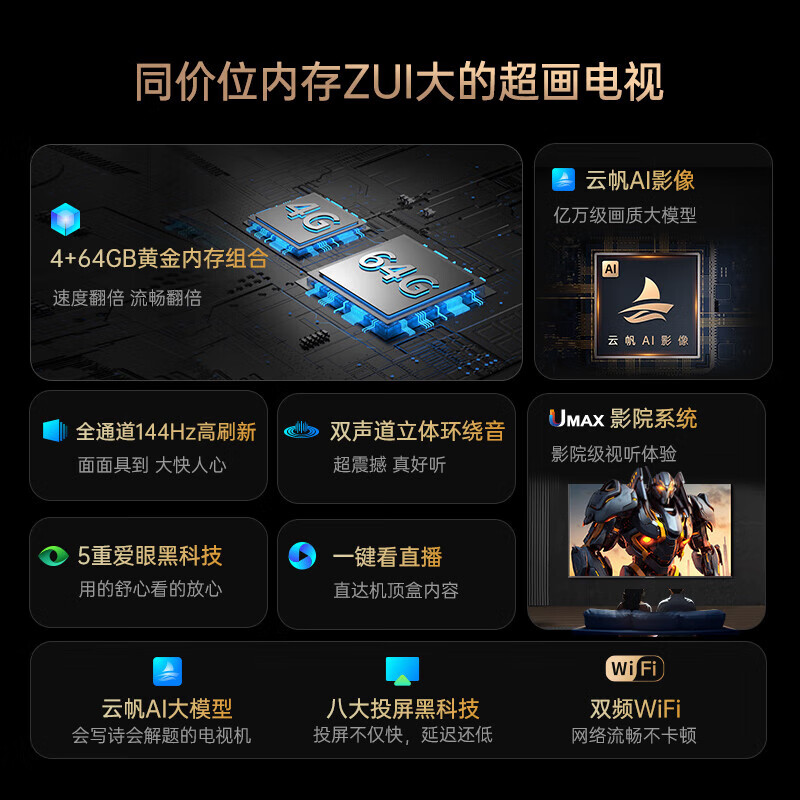 长虹电视 75D68F-G1 75英寸144Hz高刷 内置分舱回音壁 云帆AI大模型 4+64GB大内存4K平板液晶电视高清大图
