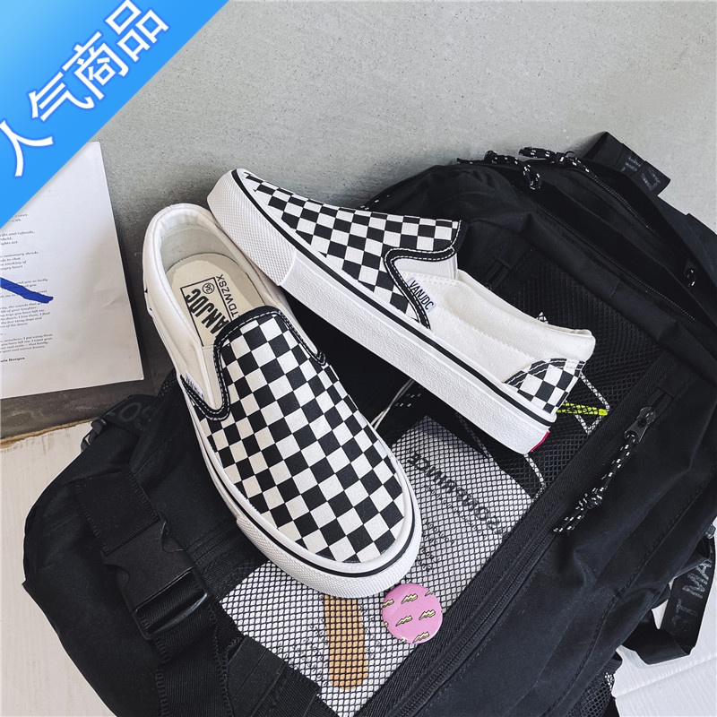 SUNTEK黑白色低帮帆布鞋女夏季松紧套脚轻便半拖鞋一脚蹬休闲板鞋懒人鞋高清大图