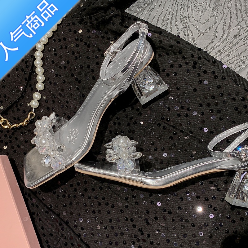 SUNTEK羊皮版~方头粗跟银色凉鞋女夏水钻露趾透明珍珠水晶一字带高跟鞋高清大图