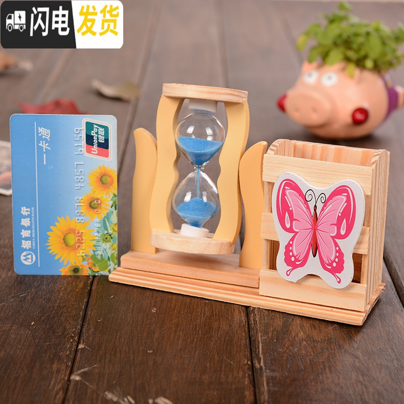 三维工匠卡通可爱贴画旋转沙漏计时器创意生日摆件木质学生书桌面笔筒 单个沙漏+笔筒+包装高清大图
