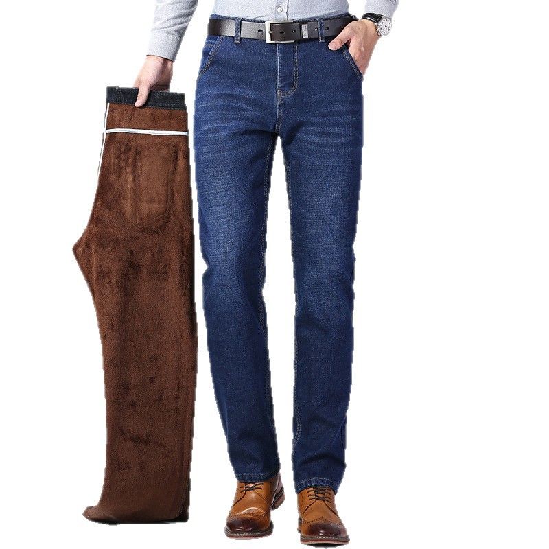 啄木鸟2025秋冬款轻商务男加厚款宽松直筒修身休闲保暖男款牛仔裤高清大图