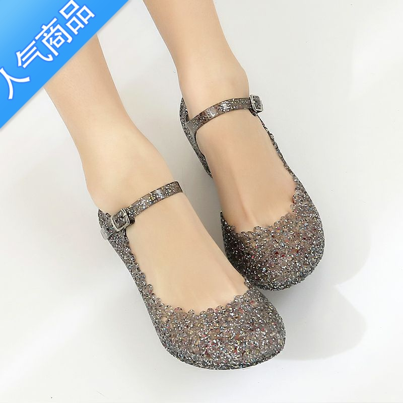 suntek塑料凉鞋女水晶鞋透明夏坡跟防滑洞洞鞋女广场舞鞋软塑料女凉鞋