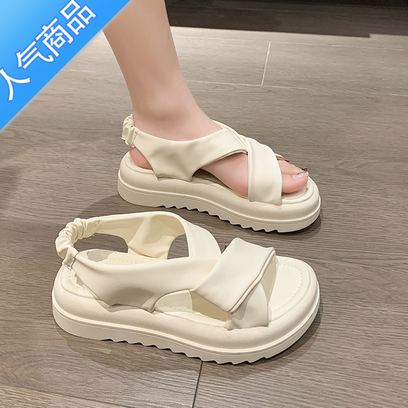 SUNTEK凉鞋女款夏季2023年新款松高厚底孕妇平底踩屎感休闲运动罗马凉鞋高清大图