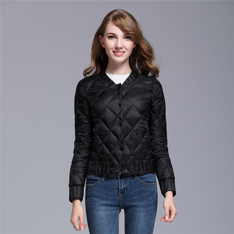 90绒简约内搭款女式羽绒菱形格圆领新款女装轻薄款羽绒服 黑色 XXL