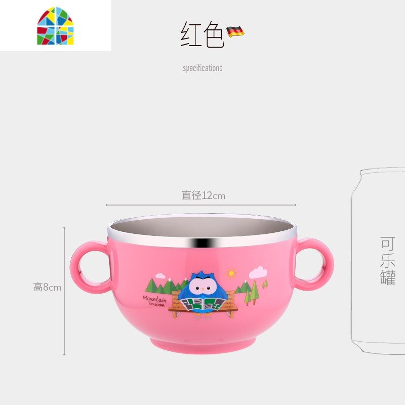 304不锈钢碗儿童碗防摔家用吃饭防烫饭碗卡通可爱双耳碗带盖 FENGHOU 红色无盖(直径12cm)