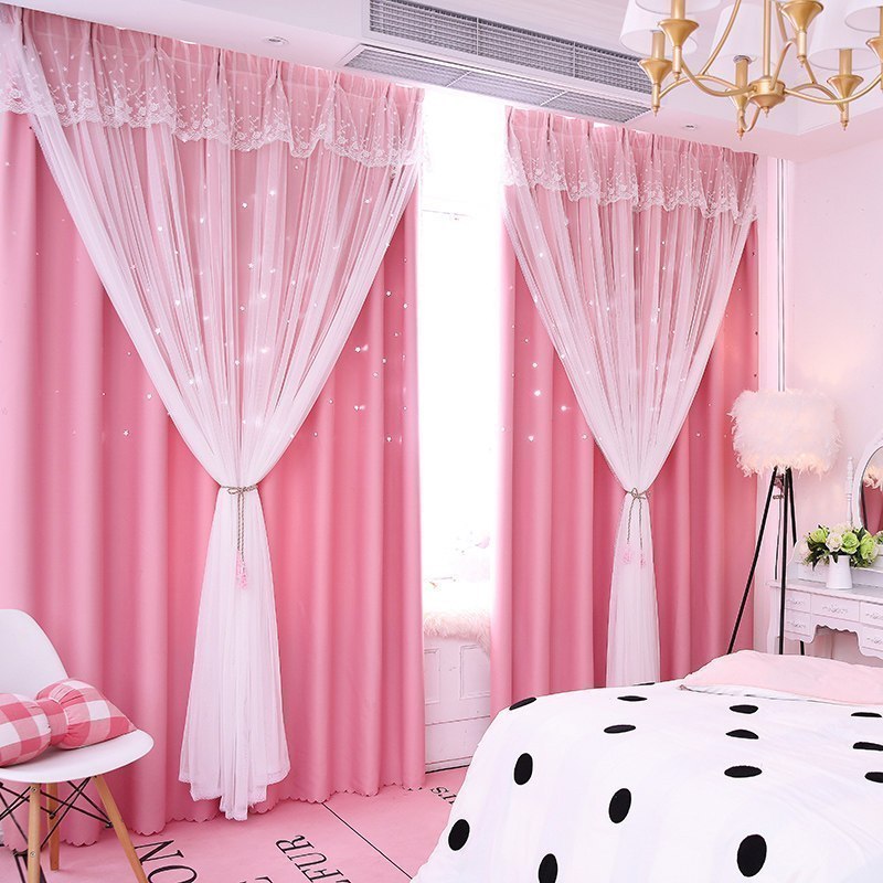 美帮汇镂空星星飘窗韩式窗帘公主风蕾丝窗帘落地窗客厅女孩卧室遮光布 菲林星星款粉色 遮光布每米单价含挂钩加工