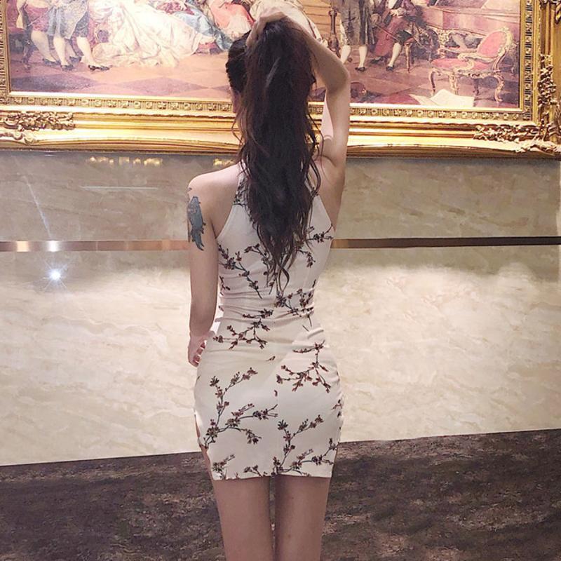 酒吧女装2018夏新款夜店性感开叉紧身包臀花色改良旗袍礼服连衣裙花色