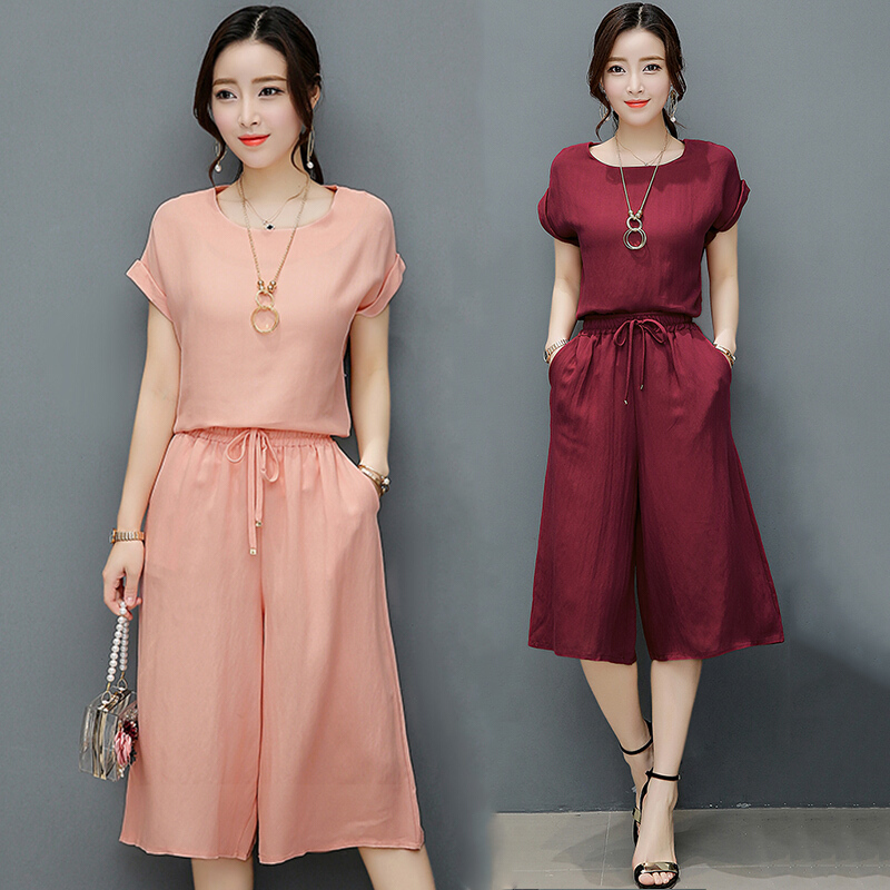 棉麻套装女夏季亚麻两件套七分阔腿裤宽松大码时尚休闲套装矮个子