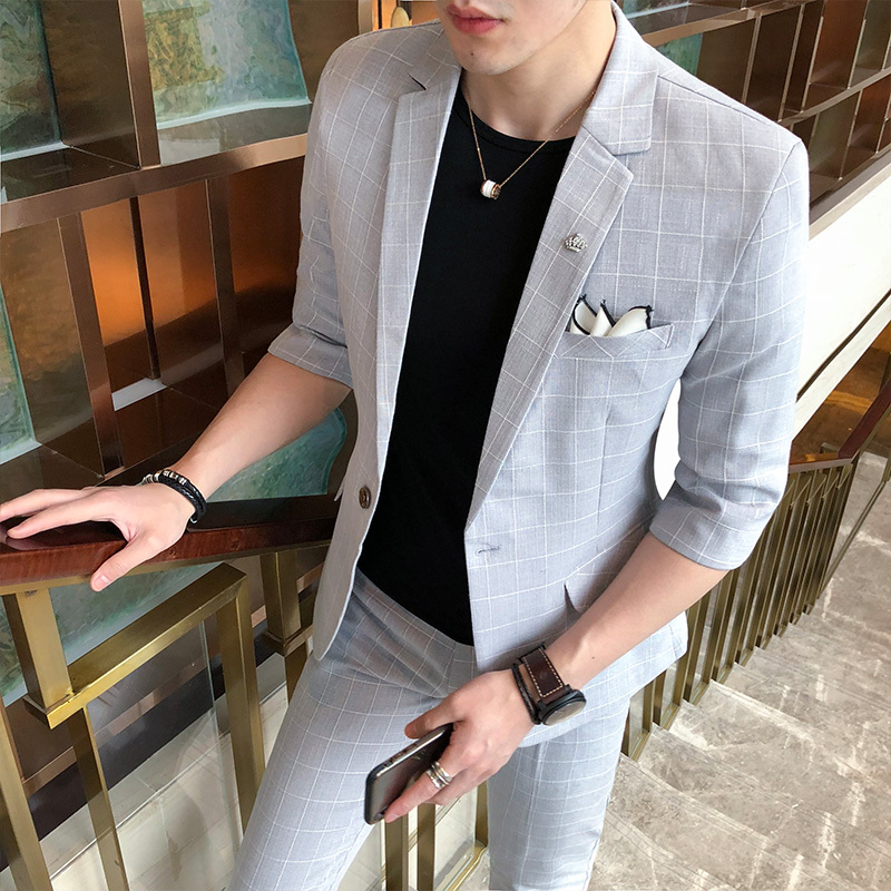 新款男士时尚格纹中袖西服套装型师气质修身七分袖西服男商务潮