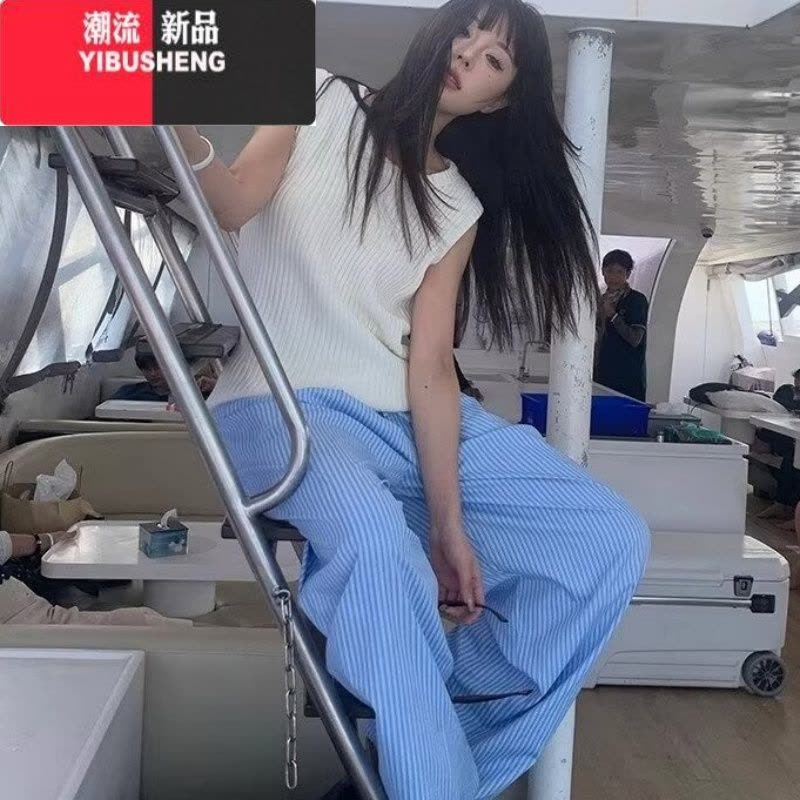 YIBUSHENG蓝色竖条纹垂感直筒休闲裤女春宽松阔腿拖地韩系长裤显瘦慵懒风图片