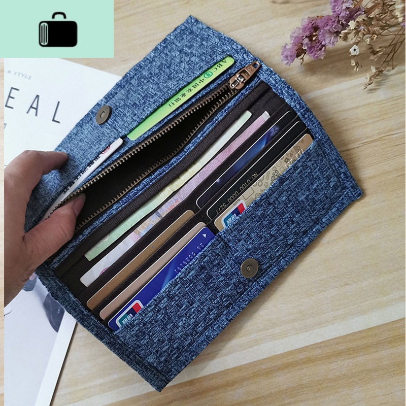 原创手工布艺长款钱包短款棉麻全布文艺复古情侣款男士女士钱袋NEW LAKE 蓝色长款【加拉链】