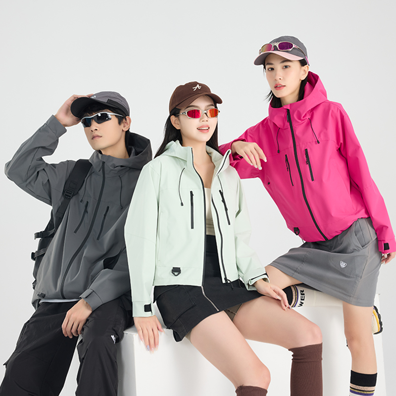 渔人船长春秋时尚户外薄款冲锋衣男女单层风衣连帽防风短款外套高清大图