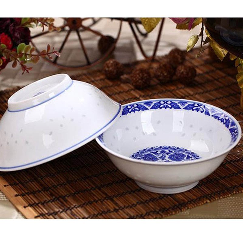 景德镇陶瓷器餐具 中式饭碗盘 陶瓷碗盘 单个青花玲珑碗盘 青之花
