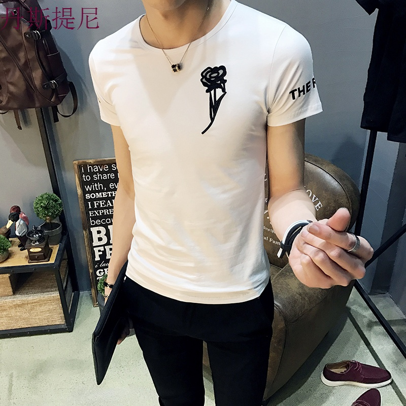 17夏季新款短袖T恤男韩版修身打底衫刺绣夜店时尚半袖体恤男装潮