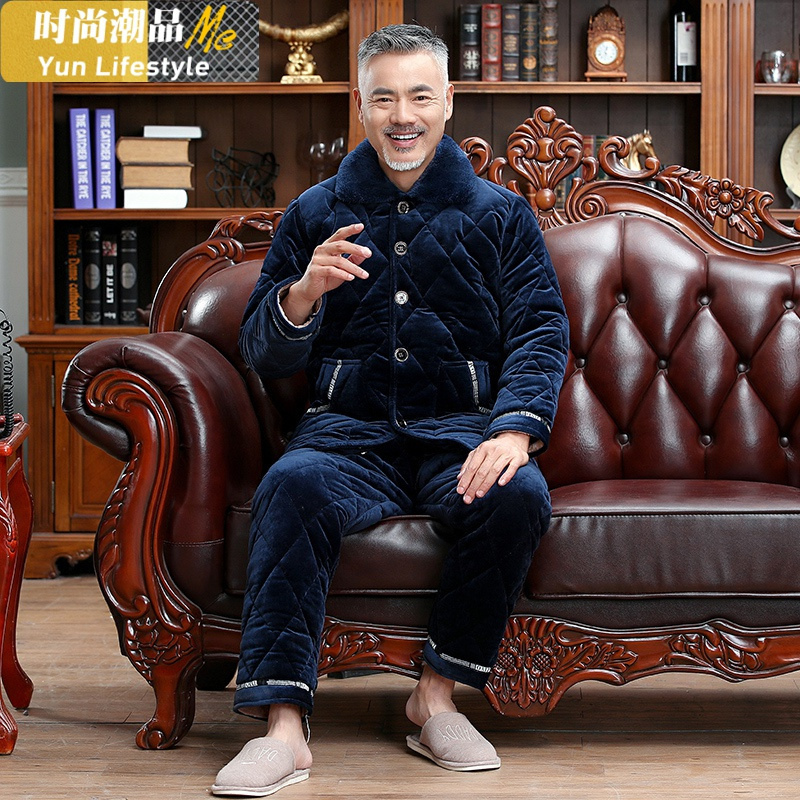YUNWUXIN男士珊瑚绒夹棉爸爸睡衣冬季加厚加绒中老年保暖套装家居服秋冬款睡衣