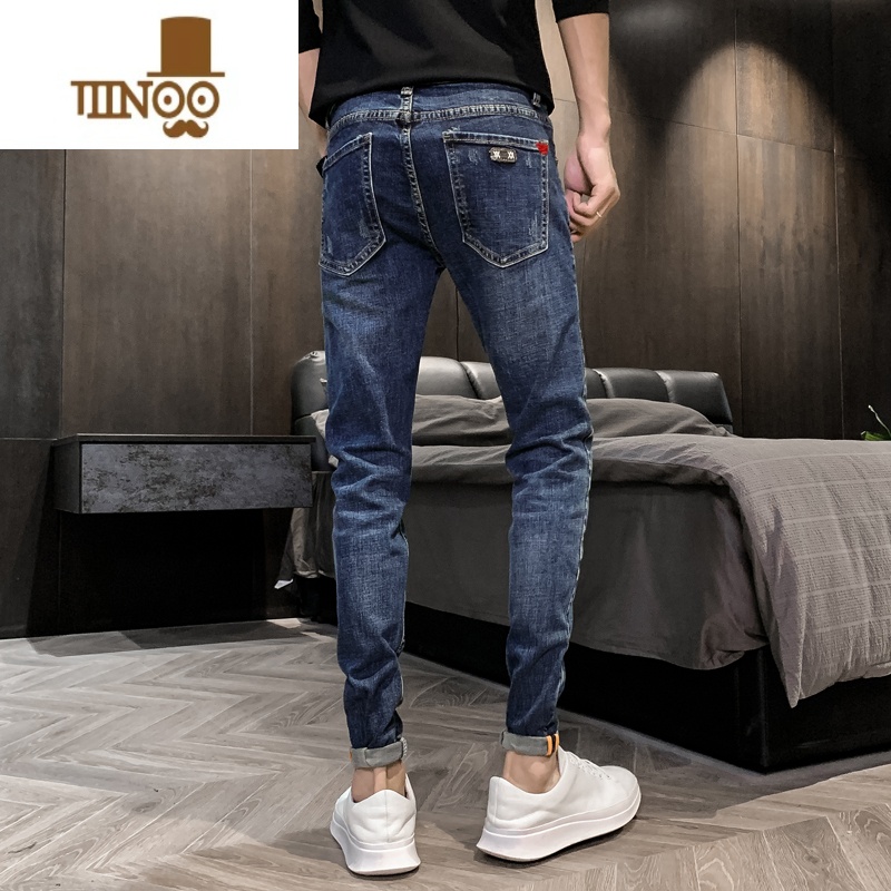 YANXU2023夏季薄款牛仔裤男潮牌韩版潮流修身小脚浅色九分休闲百搭裤子高清大图
