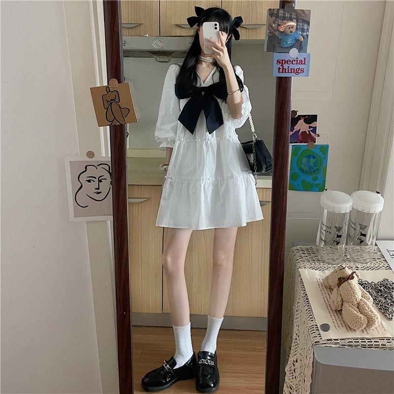 法式蝴蝶结仙女裙2021夏季新款减龄白色可爱公主裙子泡泡袖连衣裙 白色[短袖衬衫] S 建议[75-90斤]