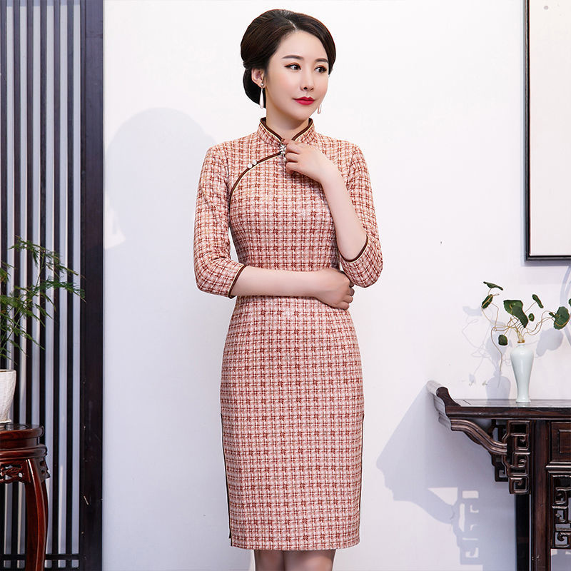 calfland格子旗袍新款女改良时尚复古中长款妈妈日常旗袍裙