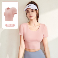 美背瑜伽服套装显瘦运动上衣女裸感带胸垫速干瑜伽套装女 M 芭比粉上衣