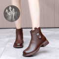 2023冬新款切尔西靴真皮圆头低跟软底加绒英伦风大码短靴 棕色-单款 37