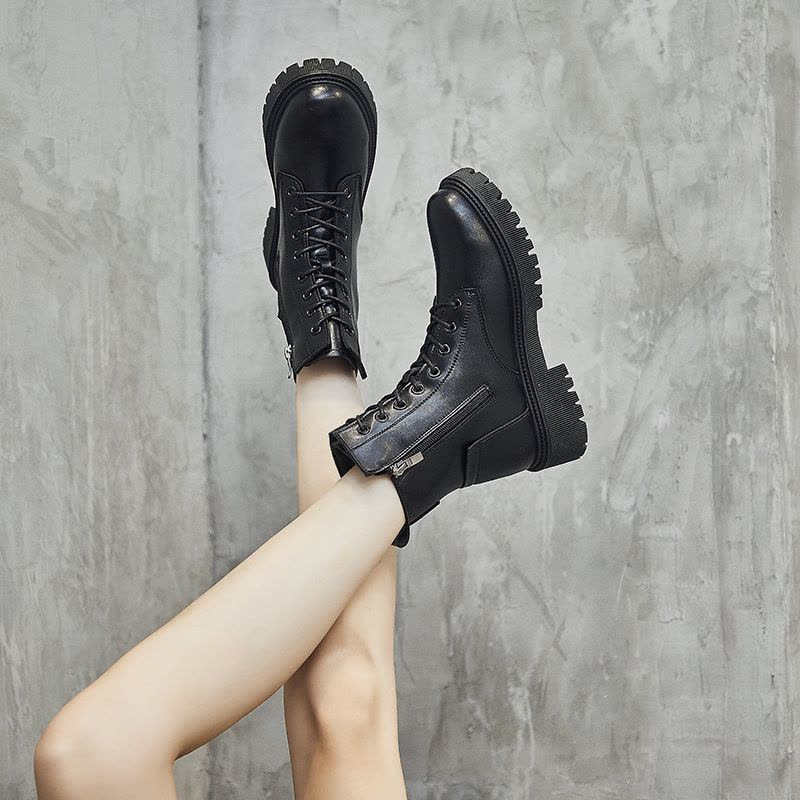 时言(SHIYAN)马丁靴女冬季加绒2025新款英伦风女靴厚底网红机车靴休闲中筒靴女图片