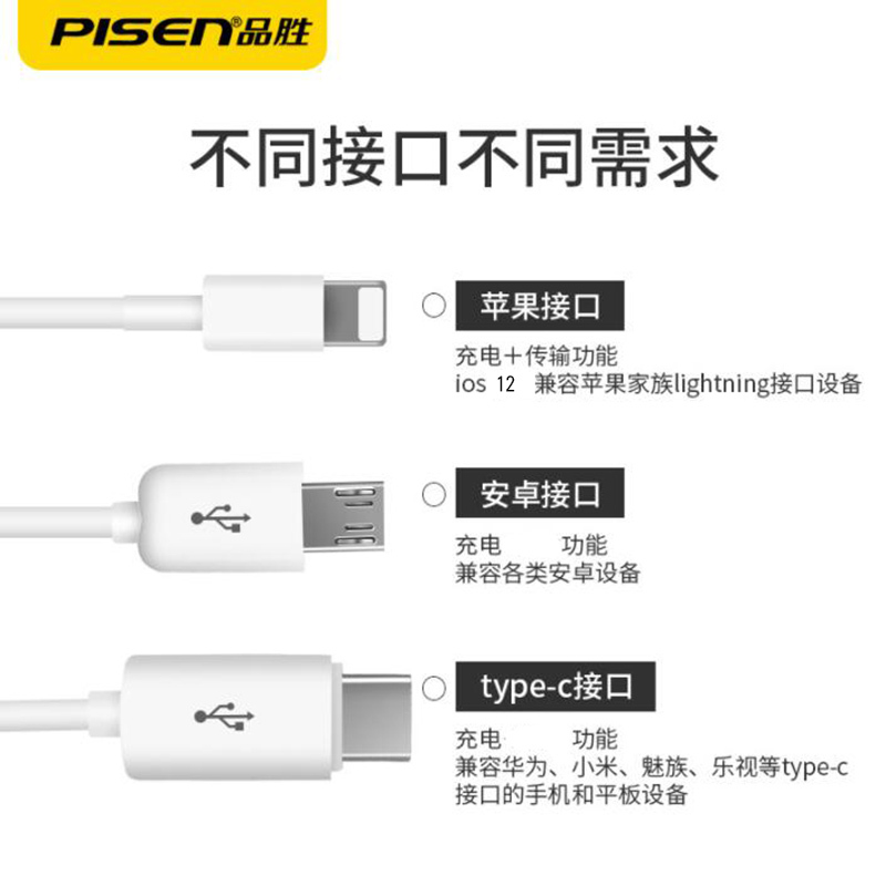 品胜(PISEN) 手机充电线一拖三多口苹果iphoneX XR 8 安卓Micro usb type-C 1.2米