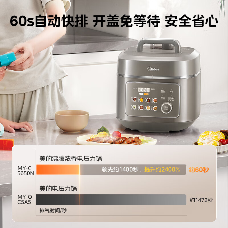 美的方形电压力锅银色双胆智能预约1300W快排气无涂层设计电压力锅5L C5650F GM高清大图