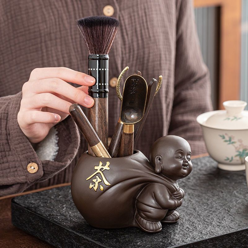 茶具配件功夫铜六君子套装紫砂茶宠茶玩摆件精品黑檀木茶道六君子 紫砂竹节+竹五件套