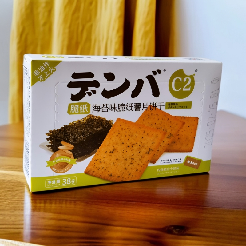 C2番茄味海苔味脆纸薯片饼干2盒装 酥脆可口学生休闲零食饼干 海苔味脆纸薯片饼干 38g*2盒