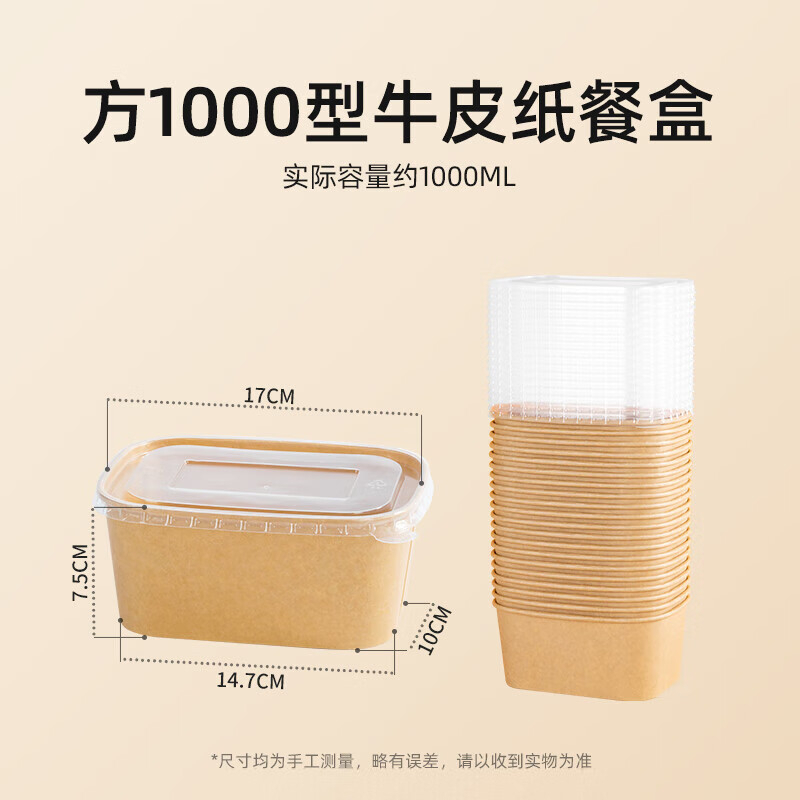 特美居 一次性可降解纸质长方1000型带盖打包盒100套装牛皮色TMJ-2002 BDZSSC