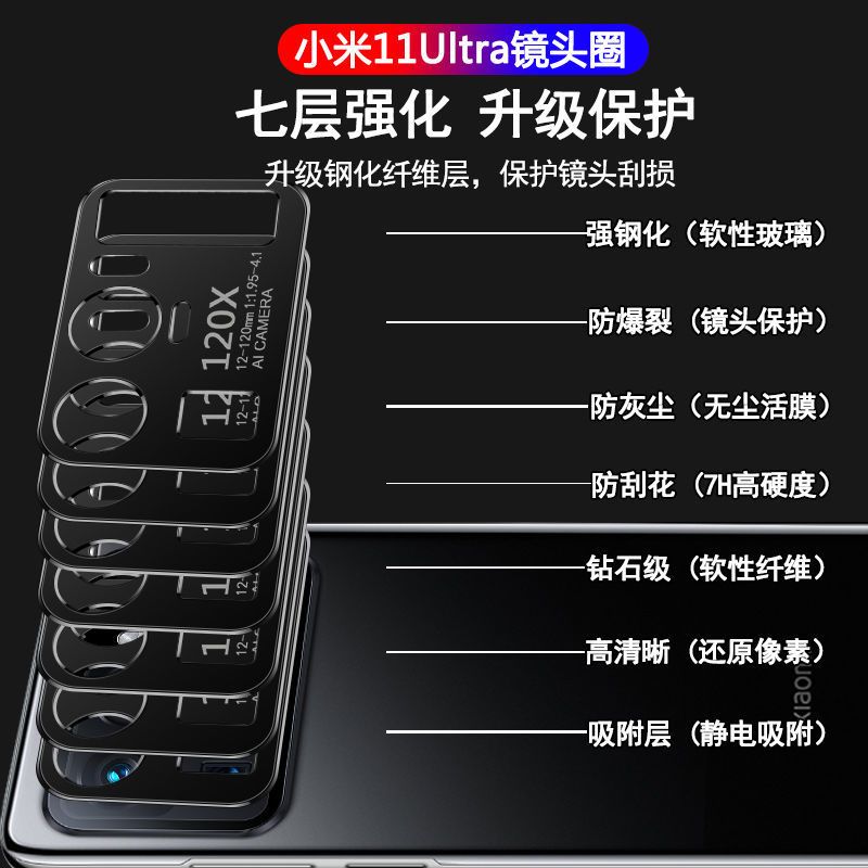 小米11ultra镜头保护圈mi11pro后置摄像头镜头金属圈手机相机贴膜 小米11Pro黑 透明软性玻璃镜头膜[两片装