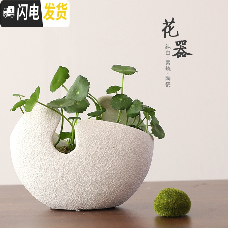 三维工匠简约北欧风格绿萝创意花盆陶瓷铜钱碗莲睡莲无孔水培水仙金钱 白色月牙-大号 大花盆容器高清大图