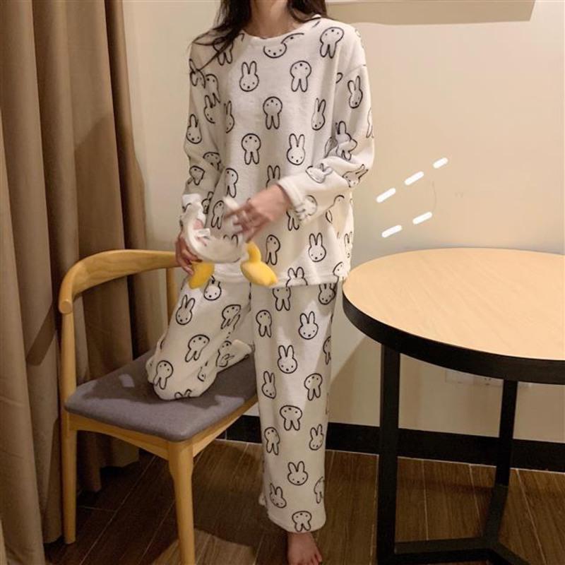 家居服套装长袖睡衣女秋冬2021年新款韩版加厚保暖睡裤冬季两件套 柔软兔兔图案 M 80-100斤