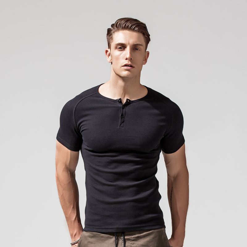 皮塞罗男士紧身短袖t恤男纯色纯棉开领t恤修身运动上衣服体恤夏季m