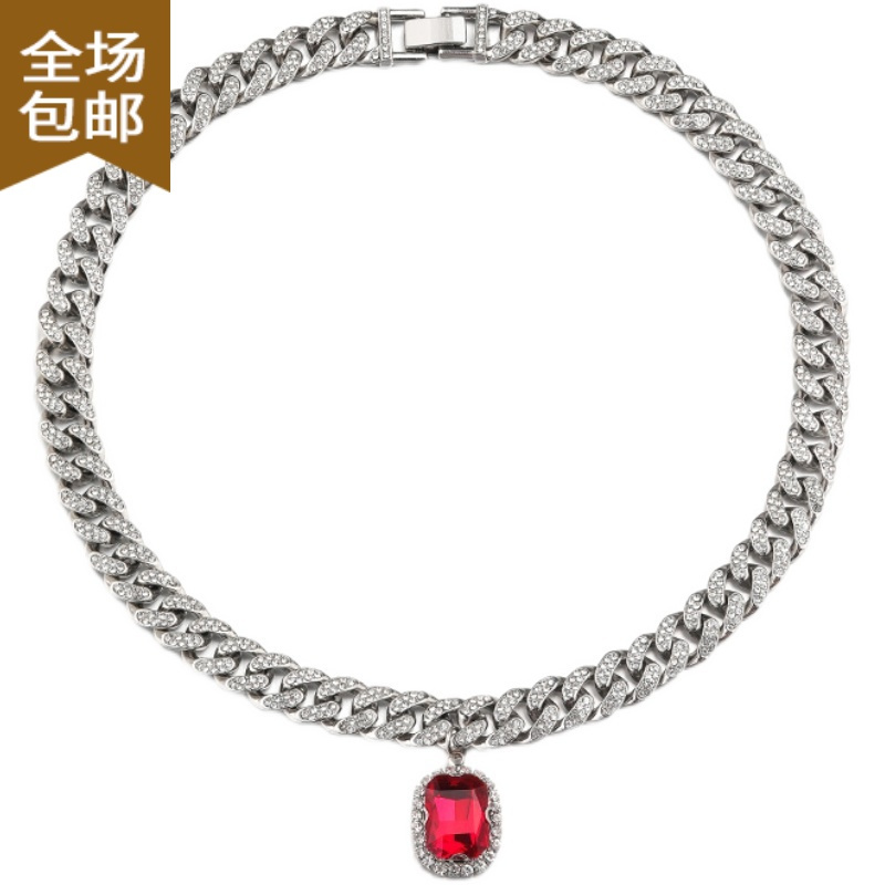 chunmi欧美嘻哈红宝石满钻古巴项链男古巴链男士镶钻锁骨链水钻说唱