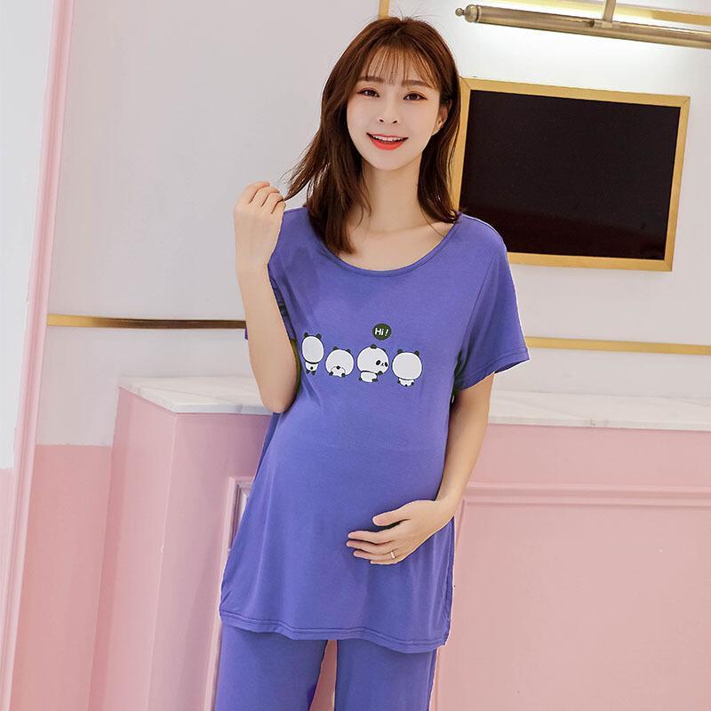 孕妇带胸垫睡衣套装莫代尔棉短袖长裤家居服薄款空起居服女夏