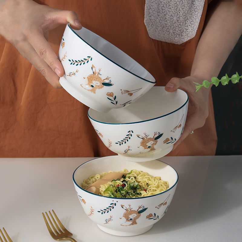 6英寸陶瓷面碗大碗汤碗拉面碗简约家用大饭碗北欧餐具汤盆深汤碗一鹿