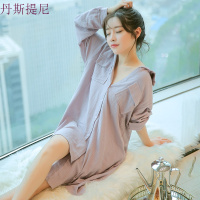 中长款棉衬衫开衫式睡裙女士春秋性感睡衣白色长袖衬衣夏季家居服