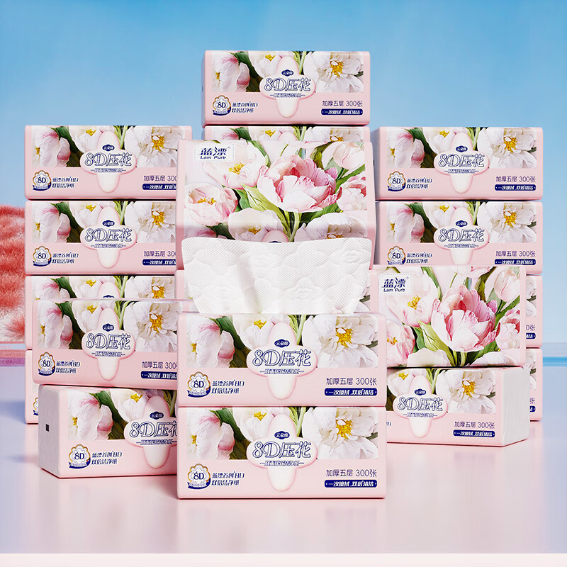 蓝漂 郁金香8D云朵印花家用大包抽纸5层加厚干湿两用[32包整箱]LP-52006高清大图