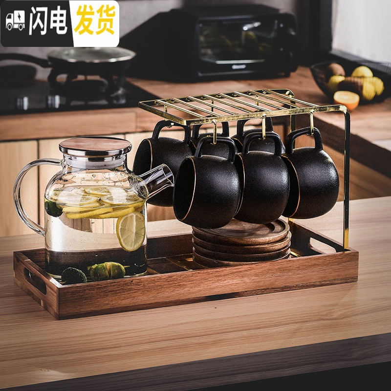 三维工匠冷水壶套装北欧创意陶瓷杯具玻璃凉水壶大容量家用客厅茶杯花茶壶 磨砂绿色4杯碟勺+圆壶+托盘圆壶水具