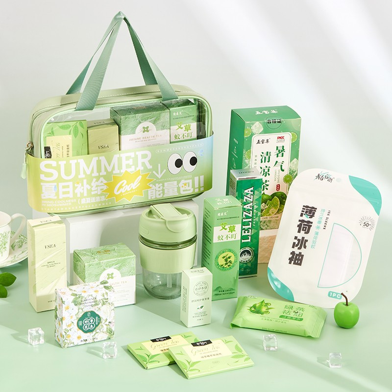 宝利腾定制夏季夏日防暑降温清凉伴手礼套装实用生活用品日化手提袋(内涵桂圆红枣枸杞茶 水杯 毛巾 驱蚊液) 10份起订