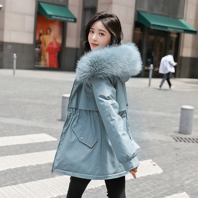 大毛领羽绒棉服女中长款冬季2024新款韩版宽松棉衣加绒加厚派克服高清大图