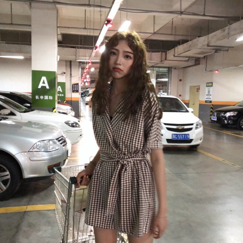 夏装女装韩版宽松显瘦系带收腰格子连体裤休闲裤短裤阔腿裤+腰带 卡其格 均码