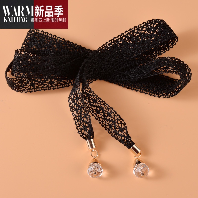 shanchao甜美优雅女士蕾丝打结腰带 配裙子水晶装饰细腰链 蝴蝶结窄款