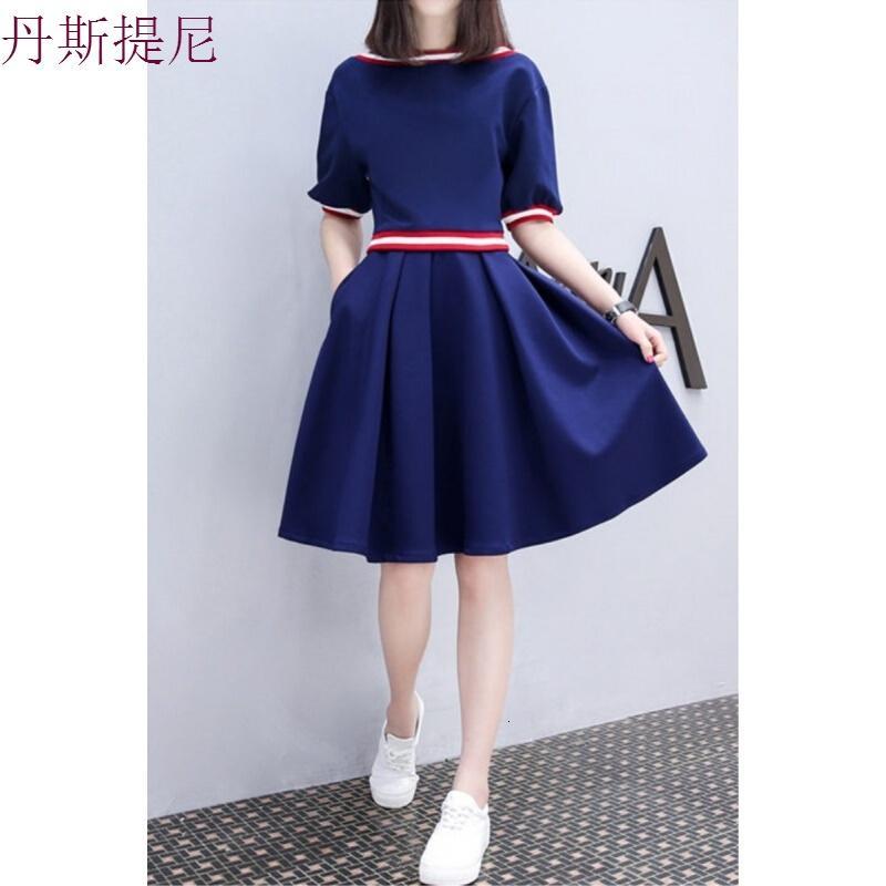 胖人显瘦衣服2018肥胖妹妹加肥加大码连衣裙胖mm夏季韩版女装深蓝色