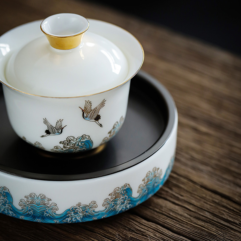領藝 祥鹤观海轻云盖碗茶杯大号单个陶瓷功夫茶具三才茶碗带壶承 祥鹤观海轻云微月盖碗