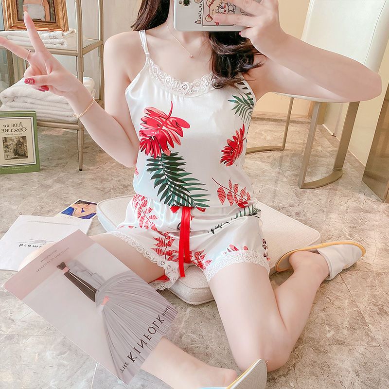 睡衣女夏季冰丝短裤性感韩版甜美学生花边吊带睡衣女士套装家居服