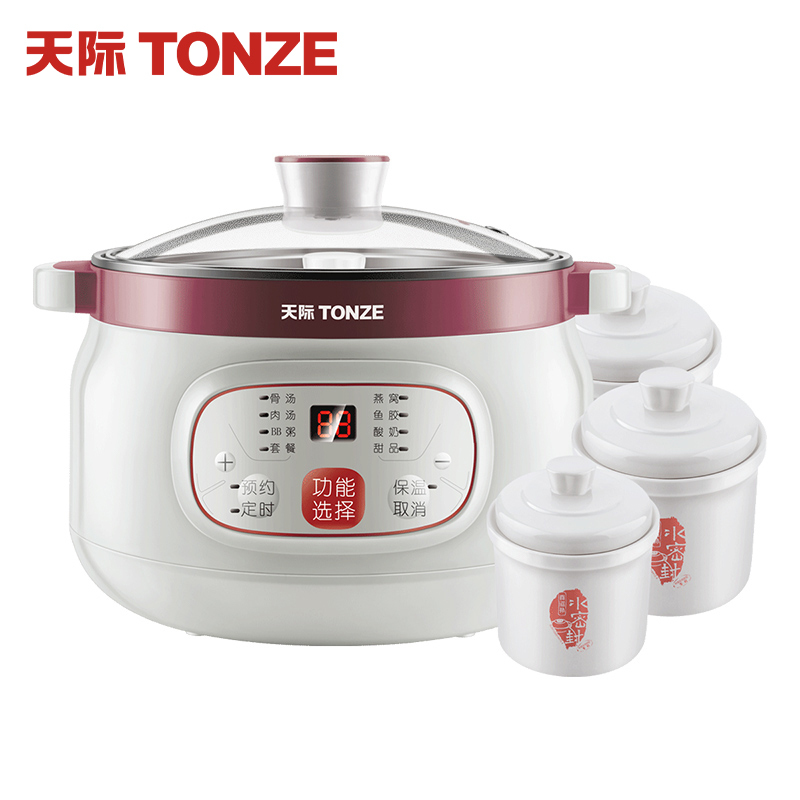 天际1.8L不锈钢电炖锅 家用全自动隔水炖盅一锅4胆 白瓷隔水炖
