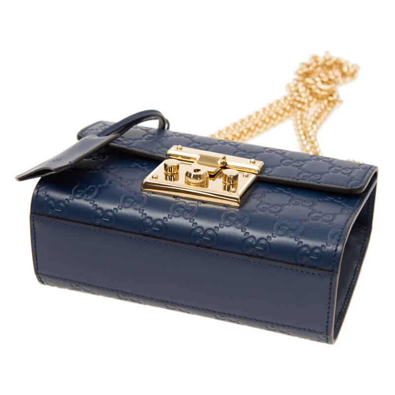 海外直邮gucci古驰女包蓝色小牛皮双g压纹链条锁扣女士小号斜挎单肩包