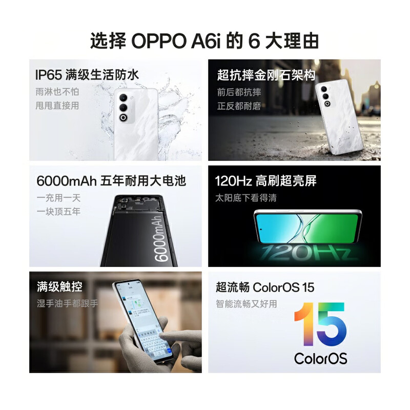 OPPO A6i 8GB+256GB 午夜黑 金刚石架构 6000mAh大电池 天玑6300 45W快充 5G手机高清大图